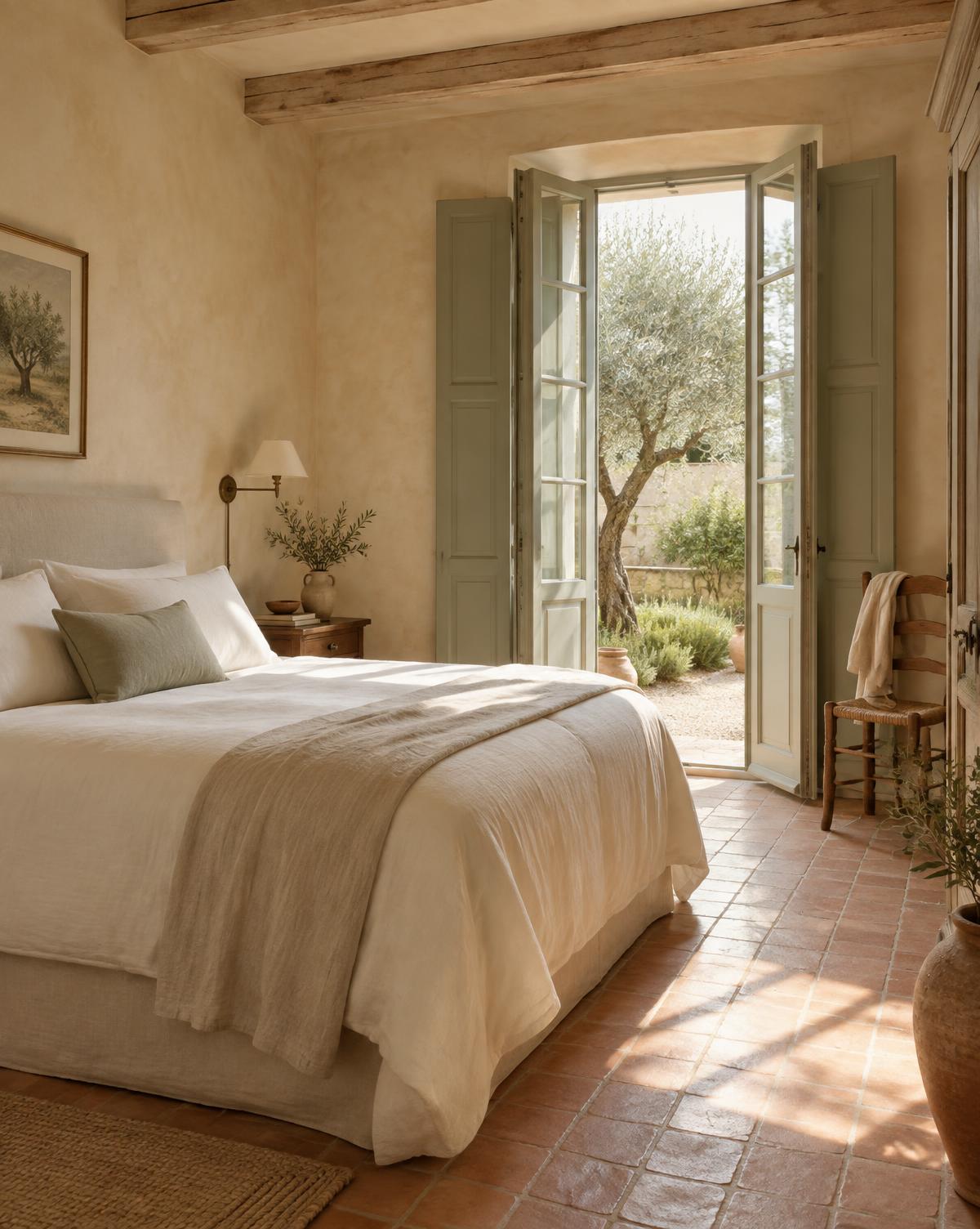 Chambre Alba aux murs de chaux, ouverte sur un jardin d'oliviers