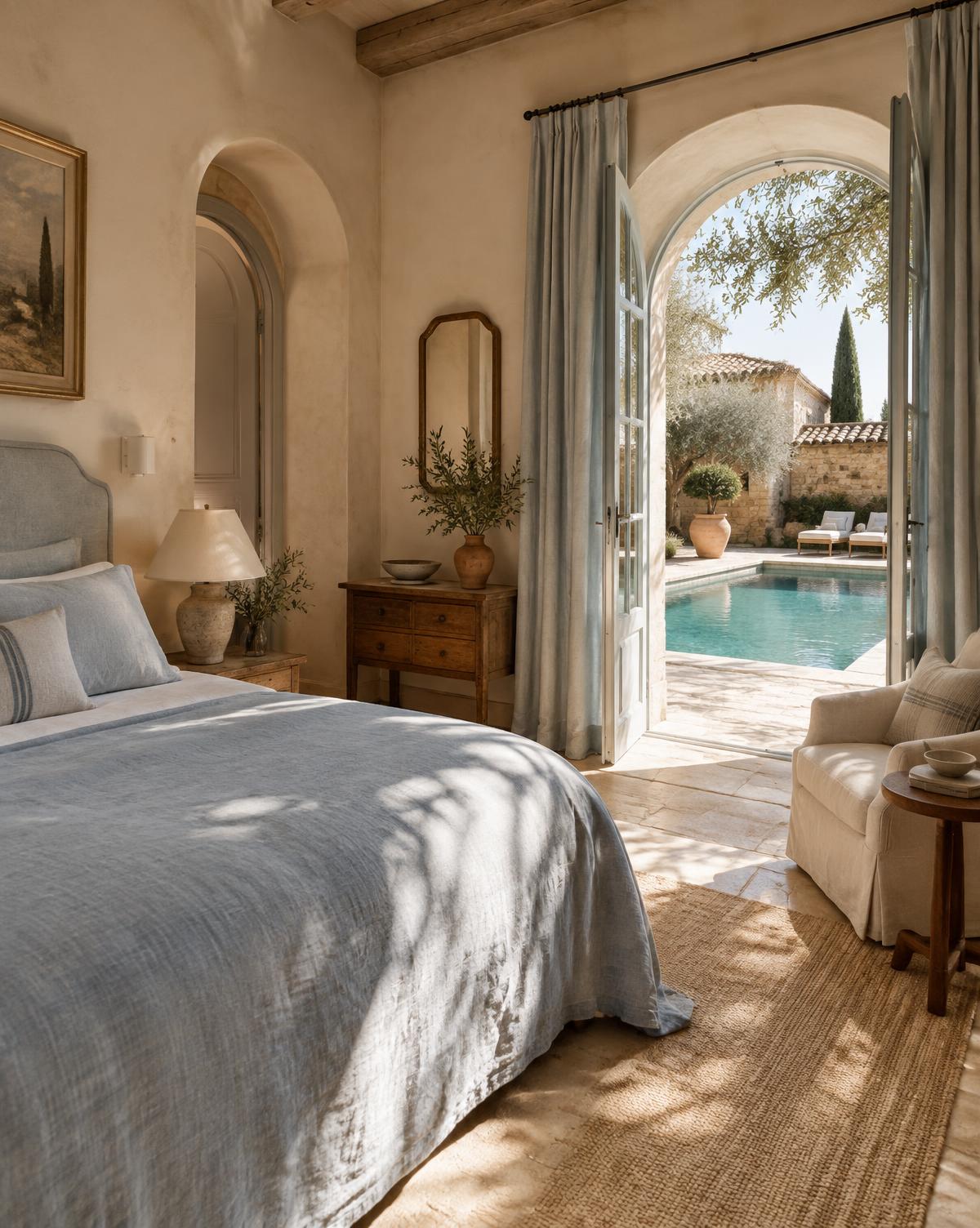 Chambre Céleste avec vue directe sur la piscine en pierre