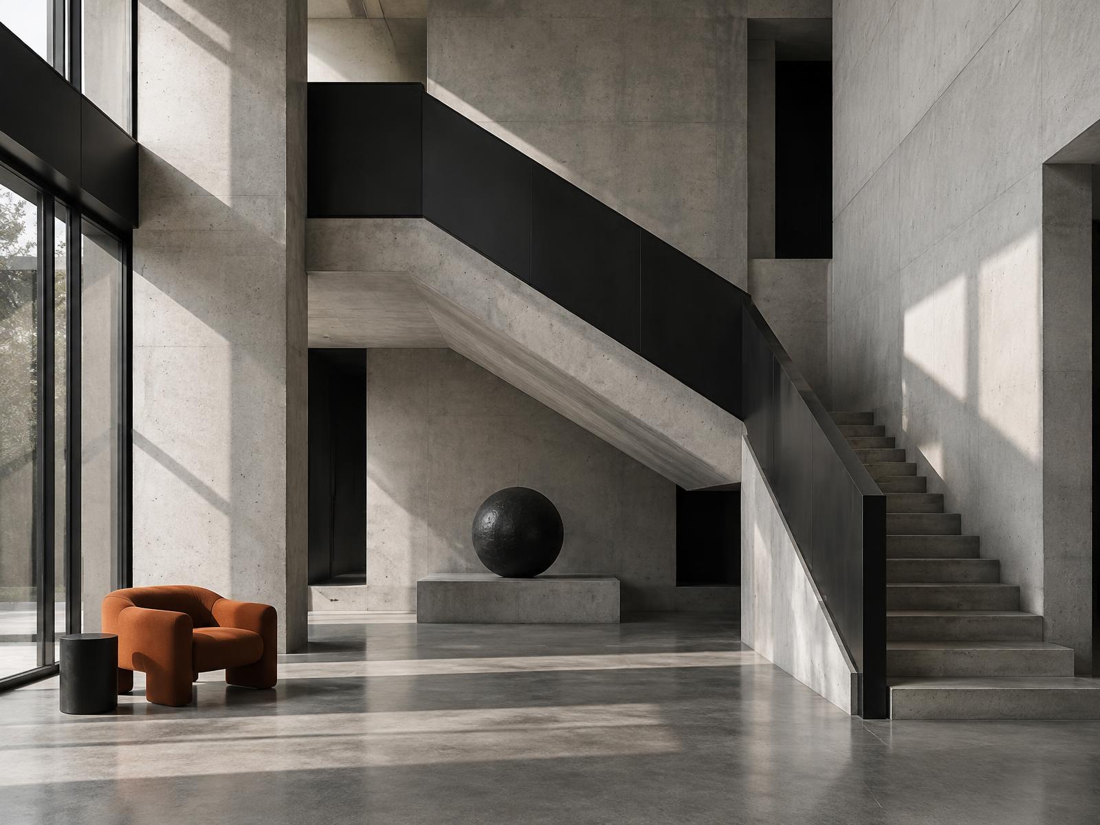 Escalier sculptural en béton et acier noir