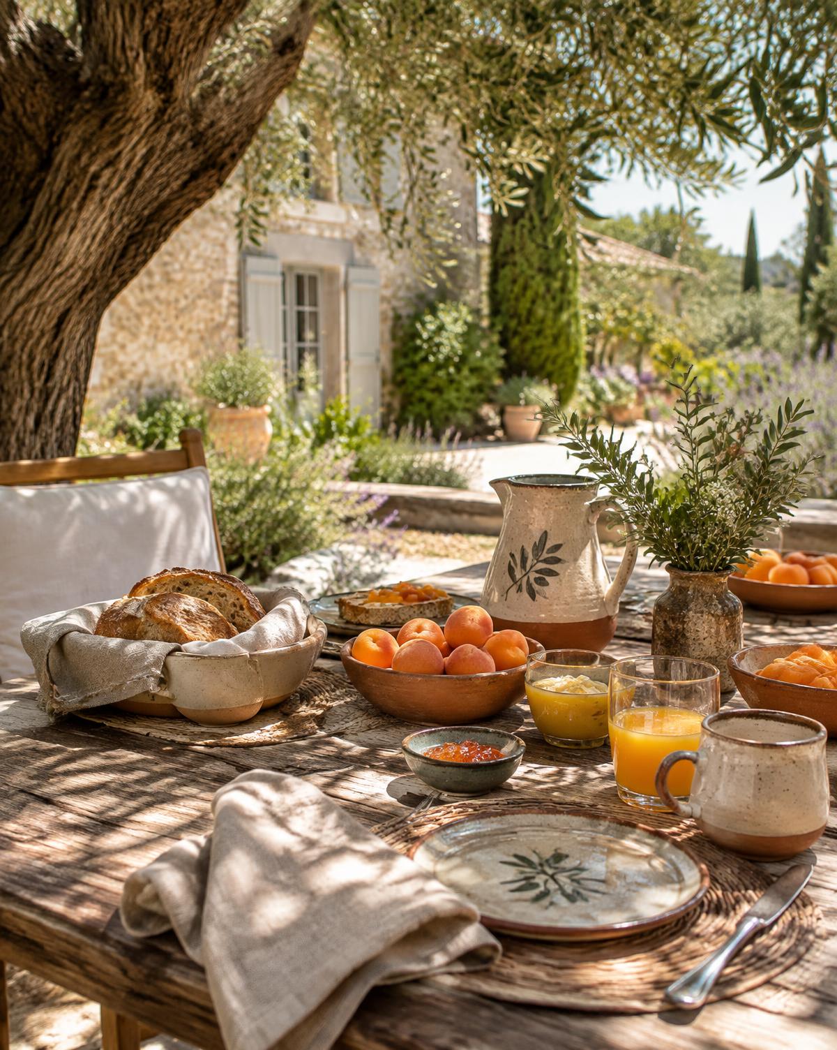 Petit-déjeuner maison dressé sous un olivier