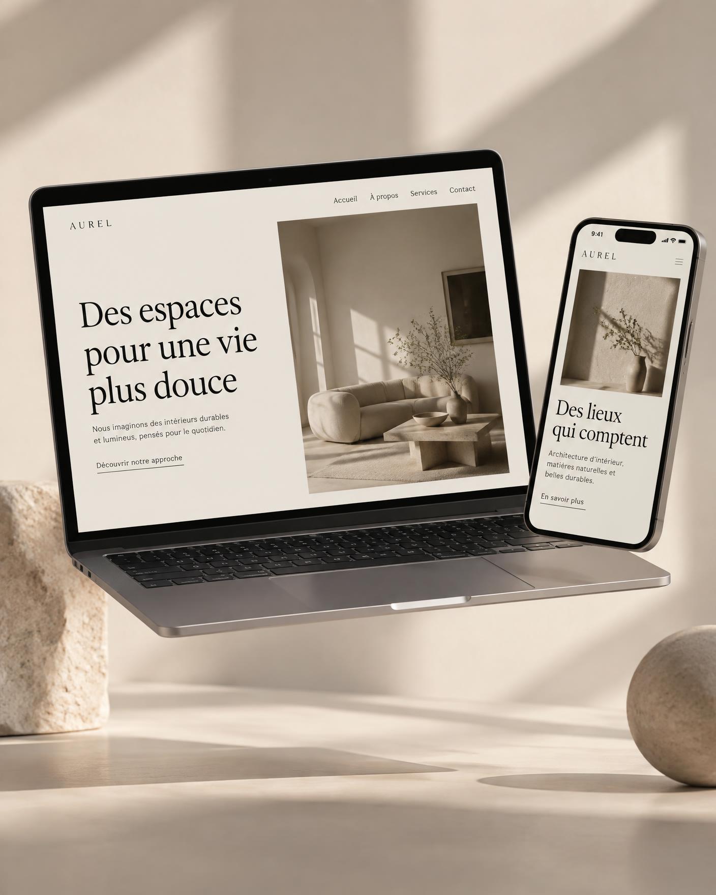 Maquettes d'un site web épuré affichées sur un ordinateur portable et un smartphone, dans une lumière chaude.