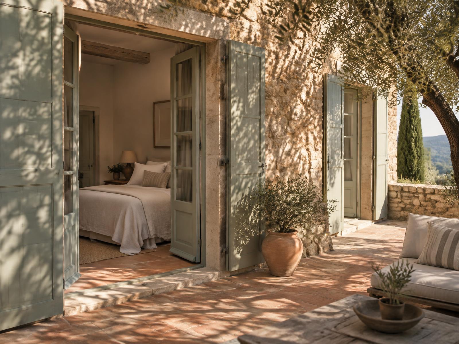 Façade en pierre d'une maison d'hôtes avec volets vert pâle ouverts sur une chambre en lin, terrasse en terre cuite et olivier.