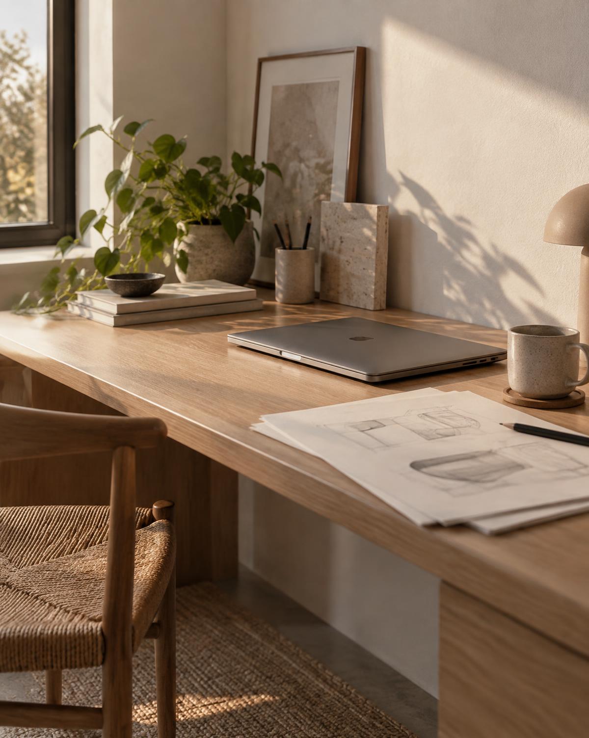 Bureau en chêne baigné de lumière avec un ordinateur portable fermé, des croquis et une tasse en céramique.